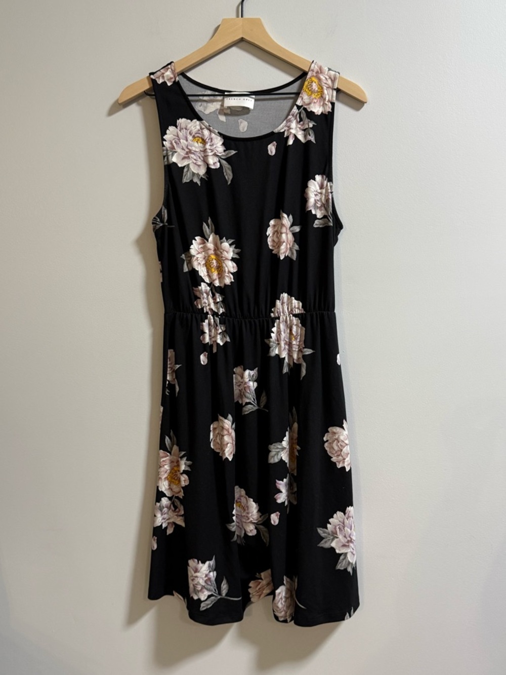 French Grey Black Midi Dress with Pink Floral Print